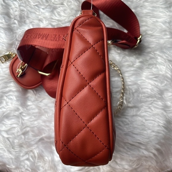 Brand New Steve Madden Quilted Stitch Orange Zip Crossbody Purse Gold Tone Chain - Picture 7 of 15